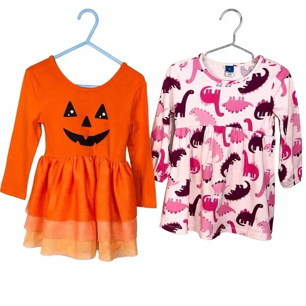 Old Navy Size 2T Dress Lot Pumpkin Tutu & Pink Dinosaurs Long Sleeves Fall